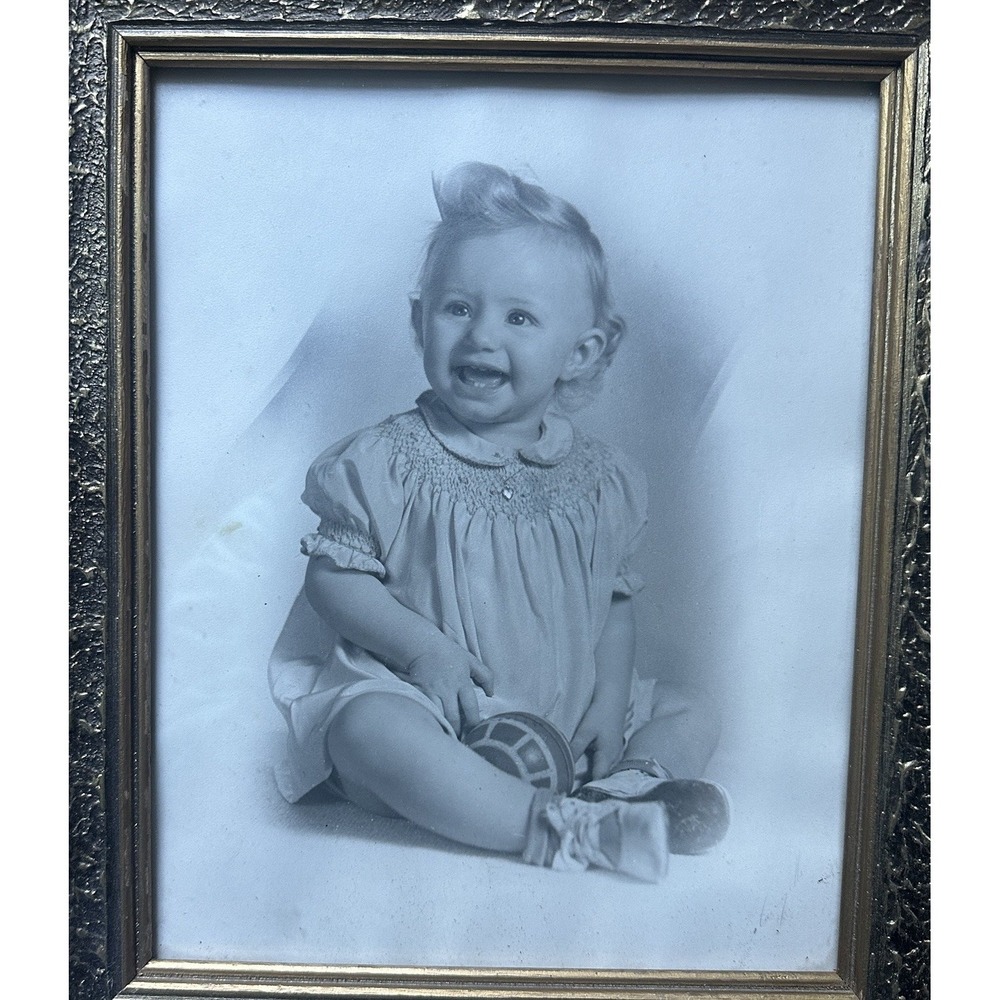 Vintage MCM Baby Portrait 9.8x11.8 in Black White Photo Child Gold Picture Frame